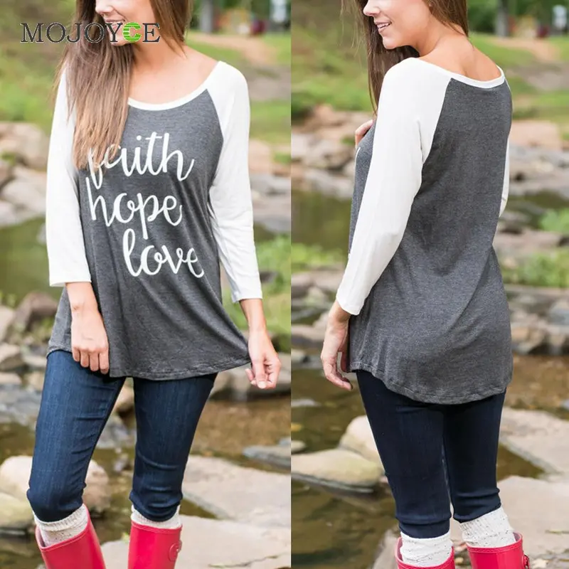 Fashion Women Round Collar 4/3 Sleeve Tops Casual Letter Print T-Shirt Blusa 3