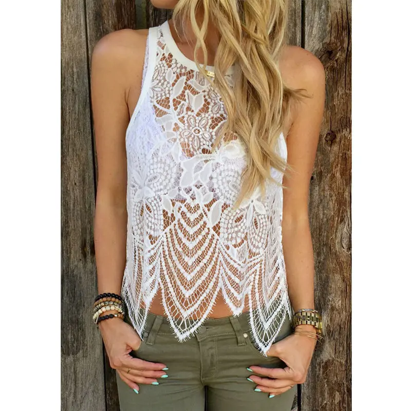 Fashion Women Sexy Tops Camisole Fashion Hollow Out Lady Sleeveless Vest Tank Tee Lace T-Shirt Tops 4
