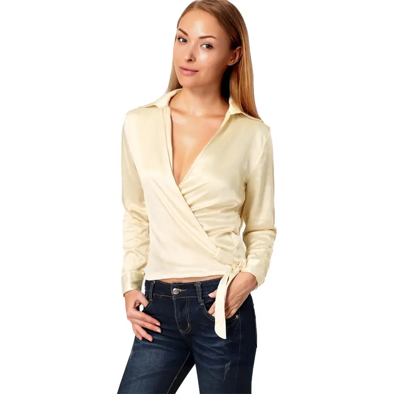 Fashion Women Shirt Plunge V Neck Solid Blusass Long Sleeve Side Tie Crop Top Strap Sexy Blouse Tops Pink/Beige 1