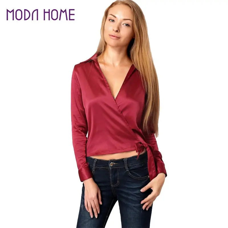 Fashion Women Shirt Plunge V Neck Solid Blusass Long Sleeve Side Tie Crop Top Strap Sexy Blouse Tops Pink/Beige 4