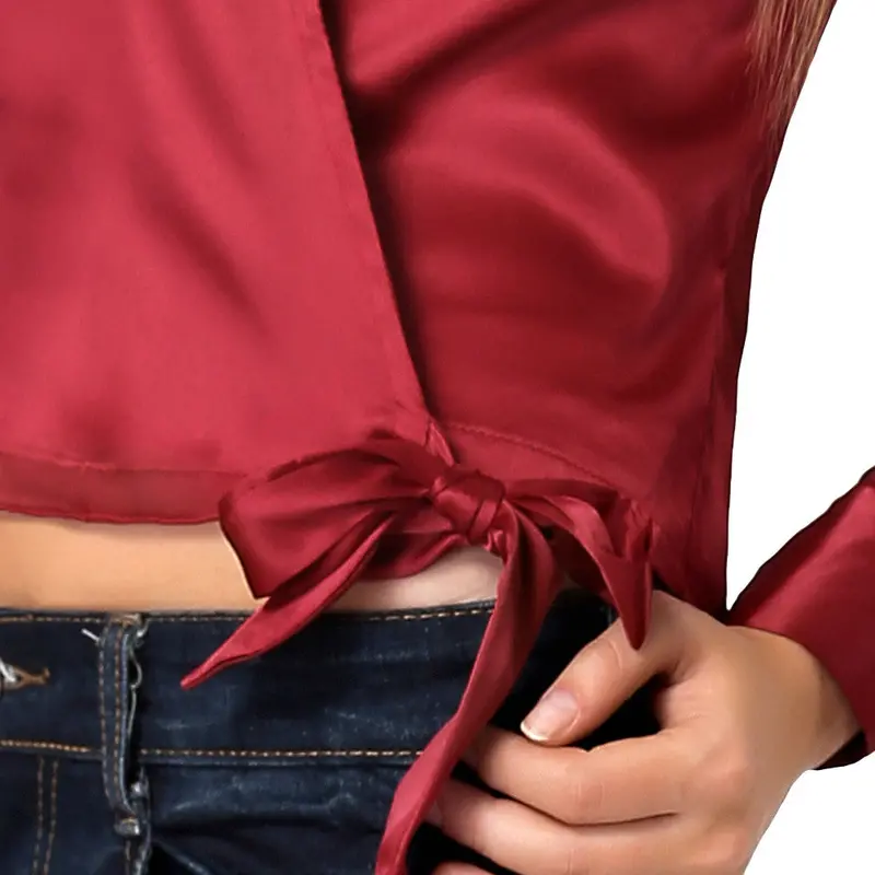 Fashion Women Shirt Plunge V Neck Solid Blusass Long Sleeve Side Tie Crop Top Strap Sexy Blouse Tops Pink/Beige 7