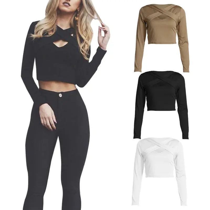 Fashion Women Slim Off Shoulder Shirt Crop Tops Long Sleeve Women Clothing Fashion Hollow Out Slim T-Shirt Feminino Blusa 4