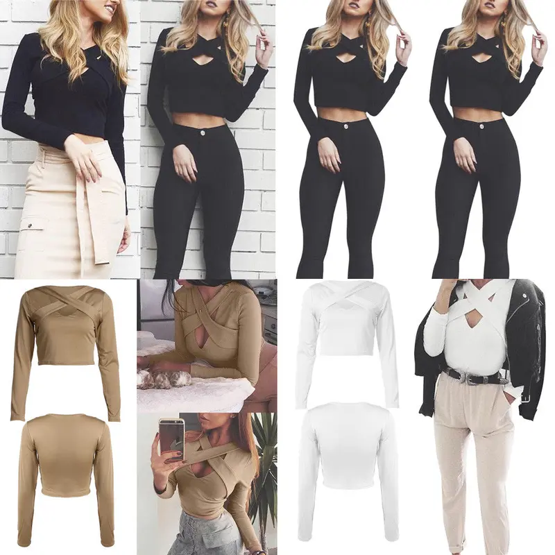 Fashion Women Slim Off Shoulder Shirt Crop Tops Long Sleeve Women Clothing Fashion Hollow Out Slim T-Shirt Feminino Blusa 5