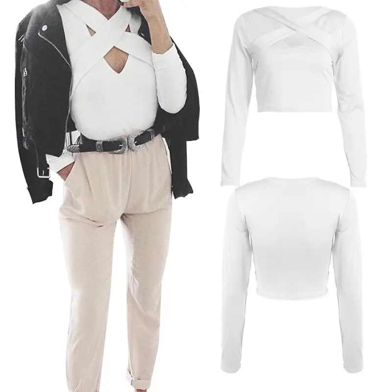 Fashion Women Slim Off Shoulder Shirt Crop Tops Long Sleeve Women Clothing Fashion Hollow Out Slim T-Shirt Feminino Blusa 7