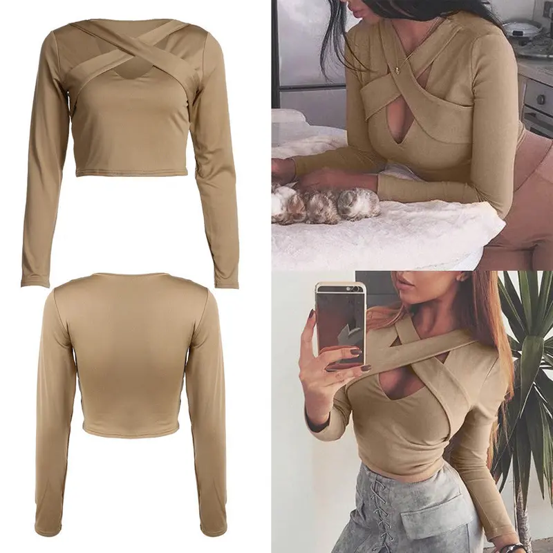 Fashion Women Slim Off Shoulder Shirt Crop Tops Long Sleeve Women Clothing Fashion Hollow Out Slim T-Shirt Feminino Blusa 8