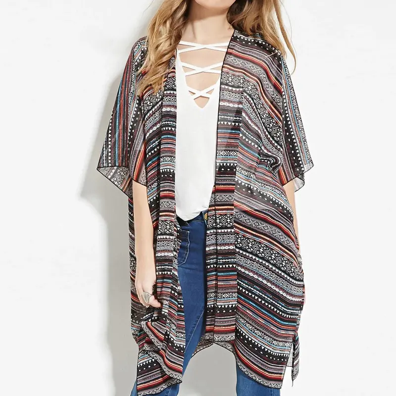 Fashion Women Stripe Printed Gauze Chiffon Blouse Kimono Cardigan Blusas Women Blouses Blusa Feminino Tops Kimono 1