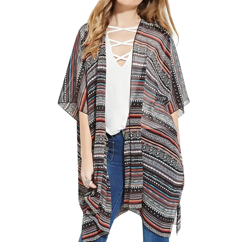 Fashion Women Stripe Printed Gauze Chiffon Blouse Kimono Cardigan Blusas Women Blouses Blusa Feminino Tops Kimono 2