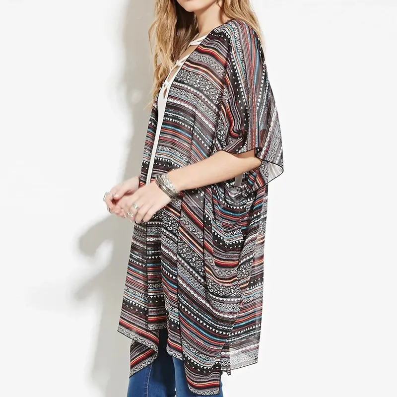 Fashion Women Stripe Printed Gauze Chiffon Blouse Kimono Cardigan Blusas Women Blouses Blusa Feminino Tops Kimono 3