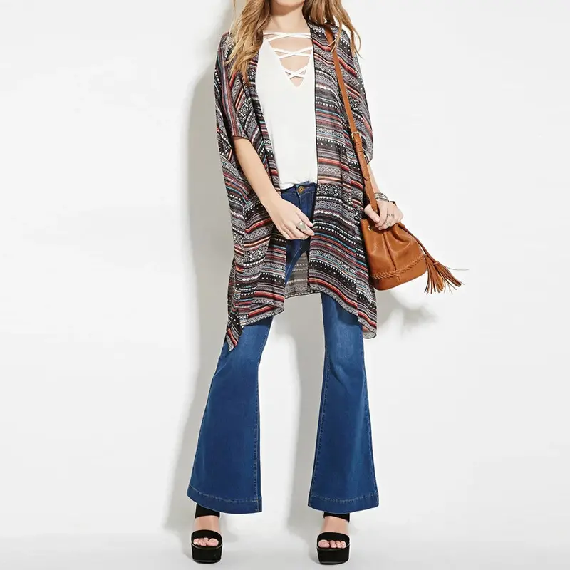 Fashion Women Stripe Printed Gauze Chiffon Blouse Kimono Cardigan Blusas Women Blouses Blusa Feminino Tops Kimono 4