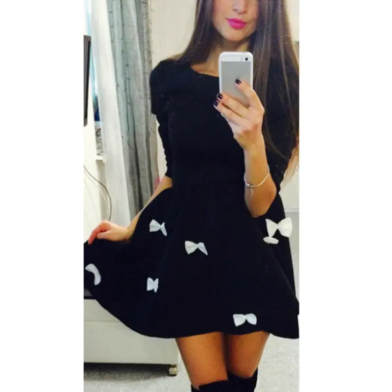 Fashion Women Style Dress 3/4 Sleeve Short Mini Dress Bowtie Party Dress Cotton Blended Vestidos Femininos1stl 1