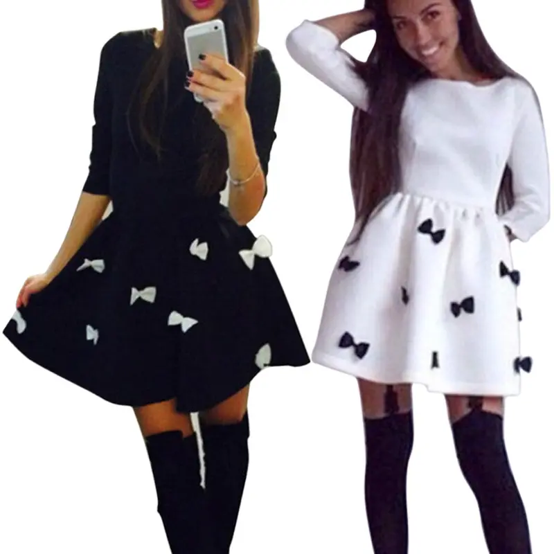 Fashion Women Style Dress 3/4 Sleeve Short Mini Dress Bowtie Party Dress Cotton Blended Vestidos Femininos1stl 3