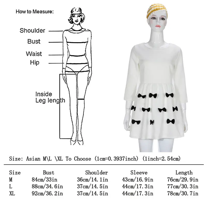 Fashion Women Style Dress 3/4 Sleeve Short Mini Dress Bowtie Party Dress Cotton Blended Vestidos Femininos1stl 4