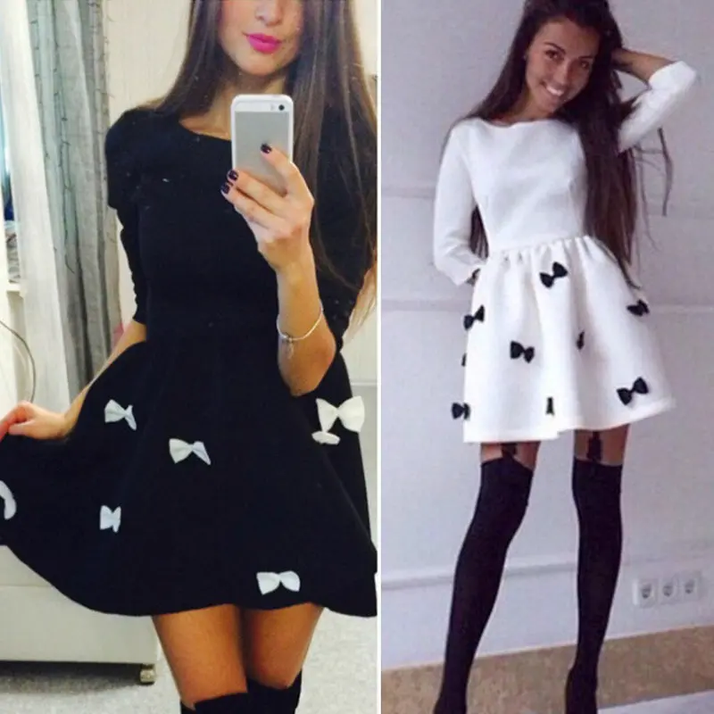 Fashion Women Style Dress 3/4 Sleeve Short Mini Dress Bowtie Party Dress Cotton Blended Vestidos Femininos1stl 4
