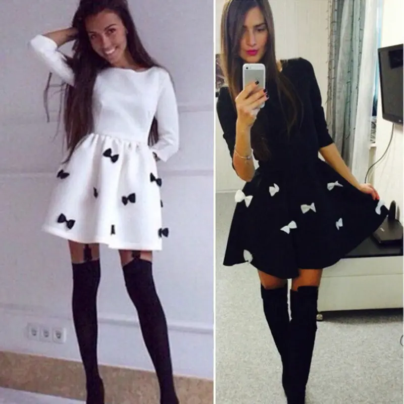 Fashion Women Style Dress 3/4 Sleeve Short Mini Dress Bowtie Party Dress Cotton Blended Vestidos Femininos1stl 5
