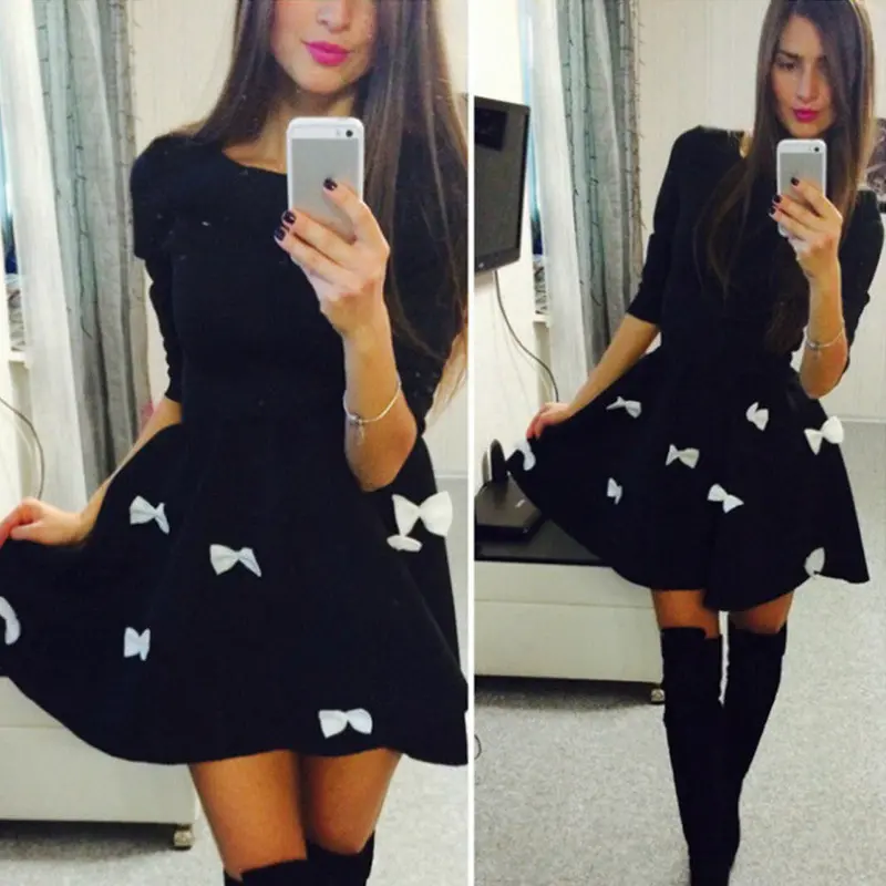 Fashion Women Style Dress 3/4 Sleeve Short Mini Dress Bowtie Party Dress Cotton Blended Vestidos Femininos1stl 6