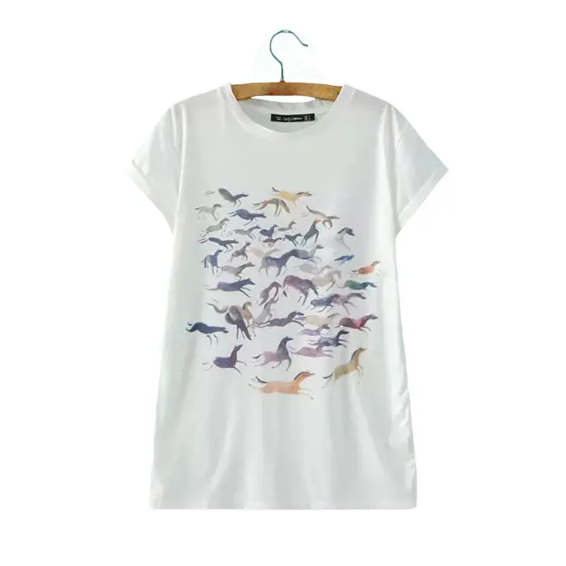 Fashion Women T Shirt Camisass Animal Horse Print O Neck Short Sleeves Pullover Casual Loose T-Shirt Tops White 1