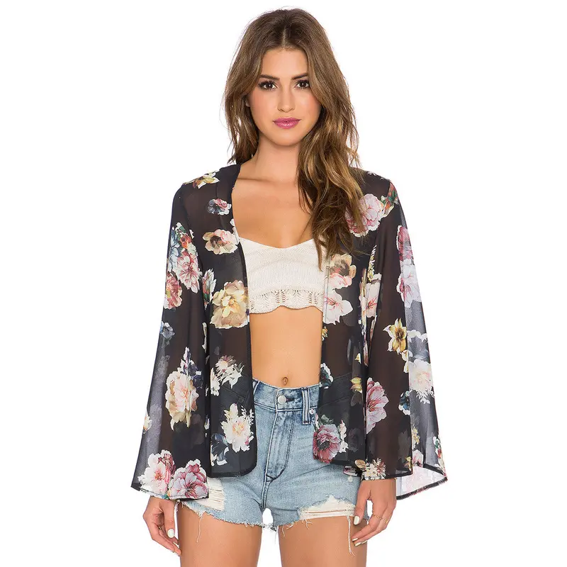 Fashion Women Top Blouse Flower Printed Chiffon Kimono Cardigan 1