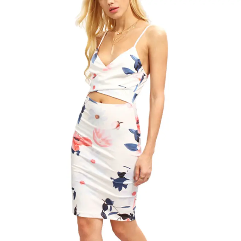 Fashion Women V-Neck Dresses Club Sleeveless Spaghetti Strap Floral Printing Dress Cut Out Hollow Out Sheath Vestido 3