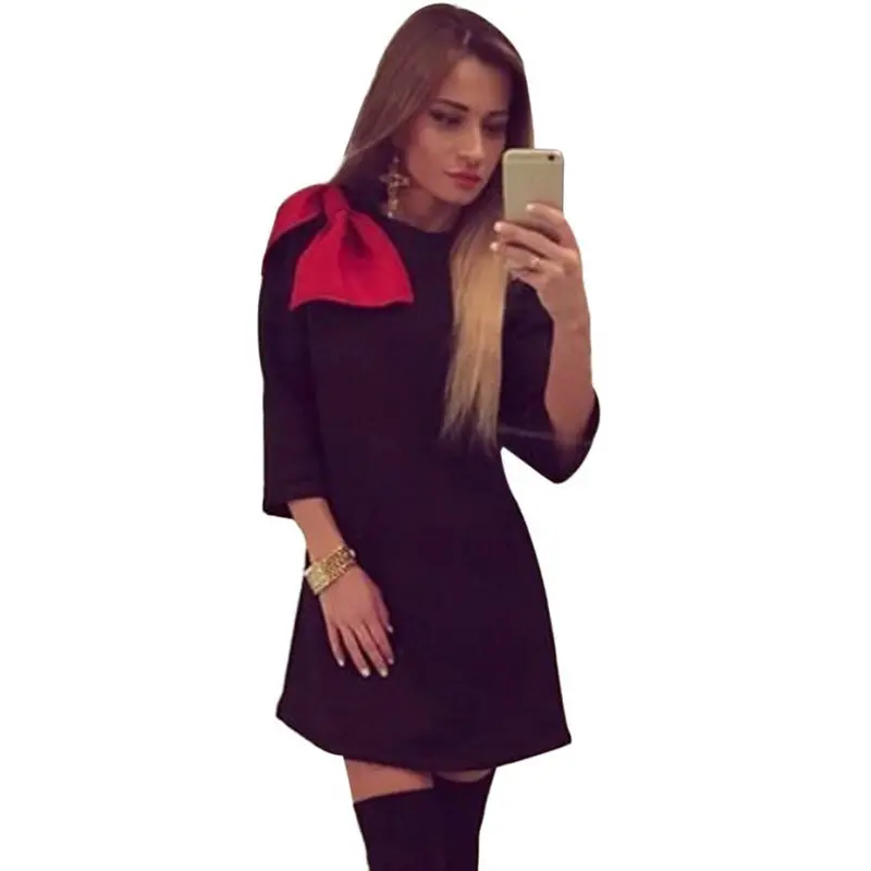 Fashion Women Vintage Bow O Neck Half Sleeve Dress Party Evening Mini Dress Plus Size 1