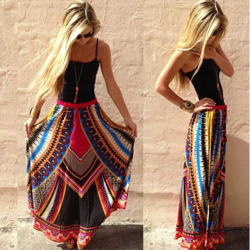 Fashion Women Vintage Print Bohemian Maxi Long Waist Skirts Plus Size 1