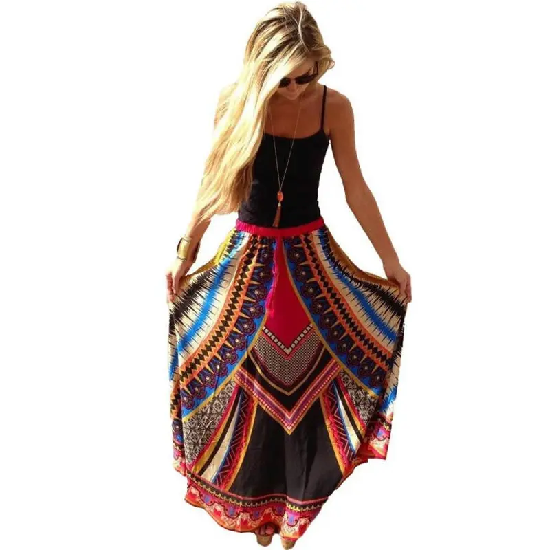 Fashion Women Vintage Print Bohemian Maxi Long Waist Skirts Plus Size 2