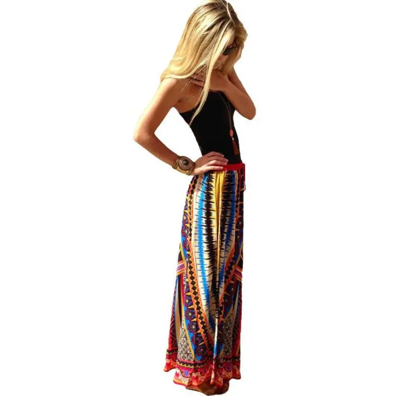 Fashion Women Vintage Print Bohemian Maxi Long Waist Skirts Plus Size 3