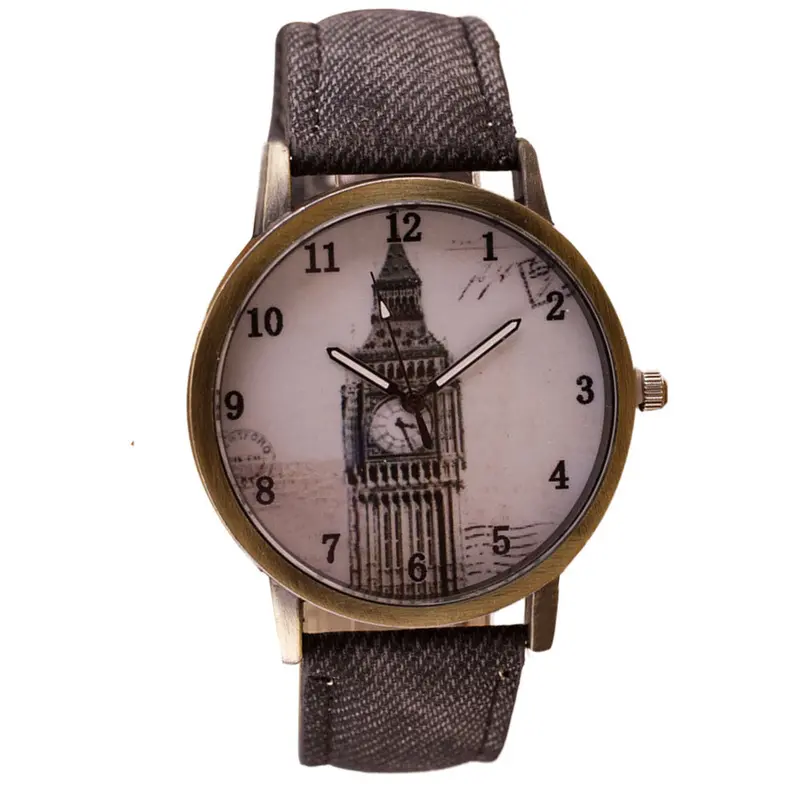 Fashion Women Wristwatch Tower Pattern Retro Clock Quartz Analog Watch Cowboy Leather Band Women Dress Relogio Ladies Clock 1