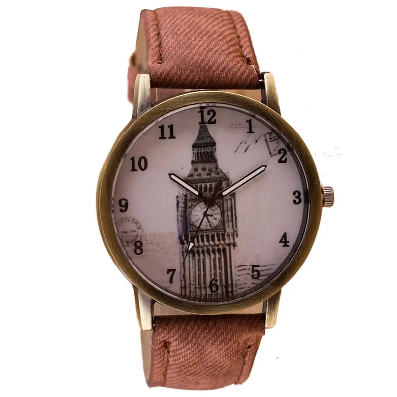 Fashion Women Wristwatch Tower Pattern Retro Clock Quartz Analog Watch Cowboy Leather Band Women Dress Relogio Ladies Clock 2