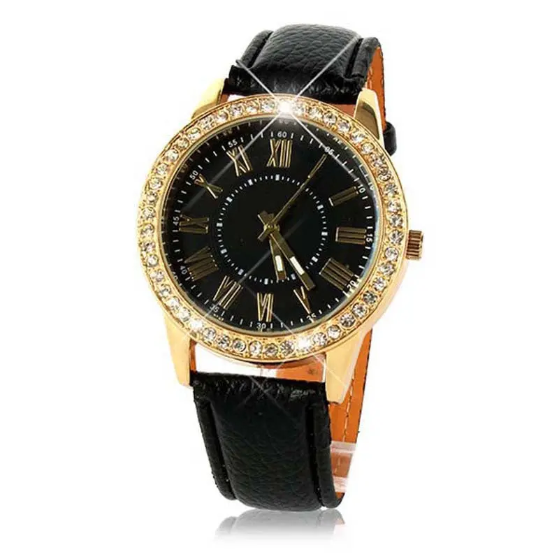 Fashion Women's Bling Gold Crystal Women Luxury Leather Strap Quartz Wrist Watch 1