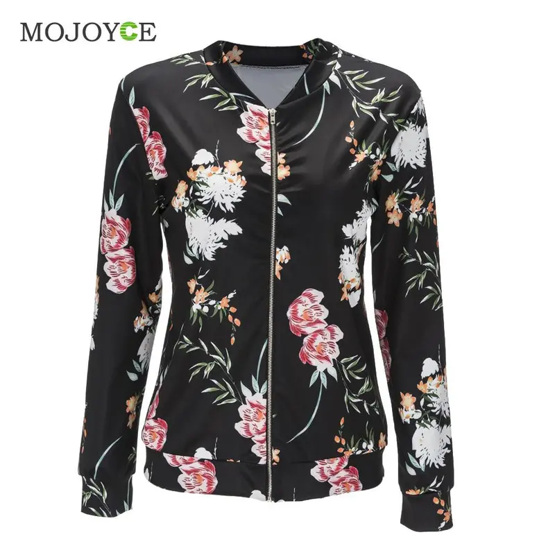 Fashion Womens Bomber Jacket Classic Style Zip Up Biker Floral Printing Women Jacket Casual Coats 1