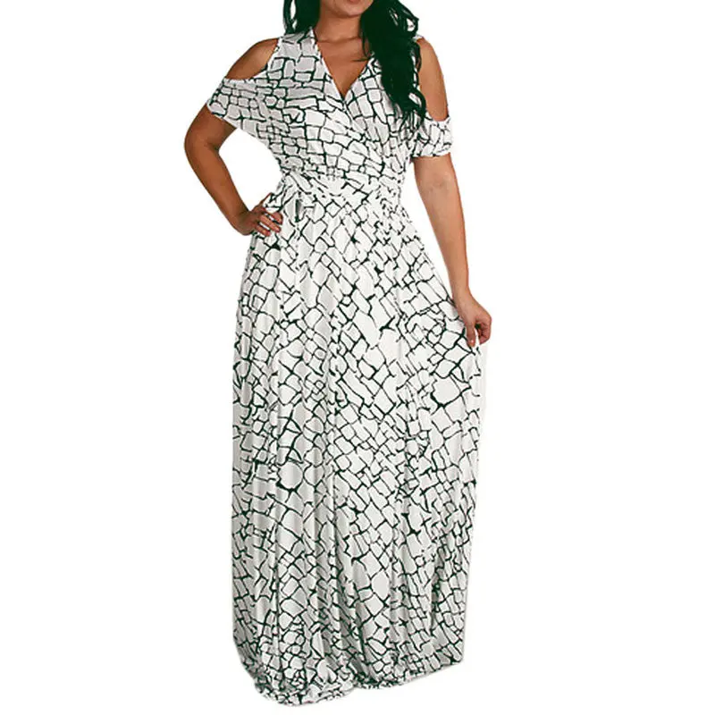 Fashion Womens Dress V Neck Hollow Sleeve Off Shoulder Long Dress Evening Party Beach Dress Vestidos Plus Size 1