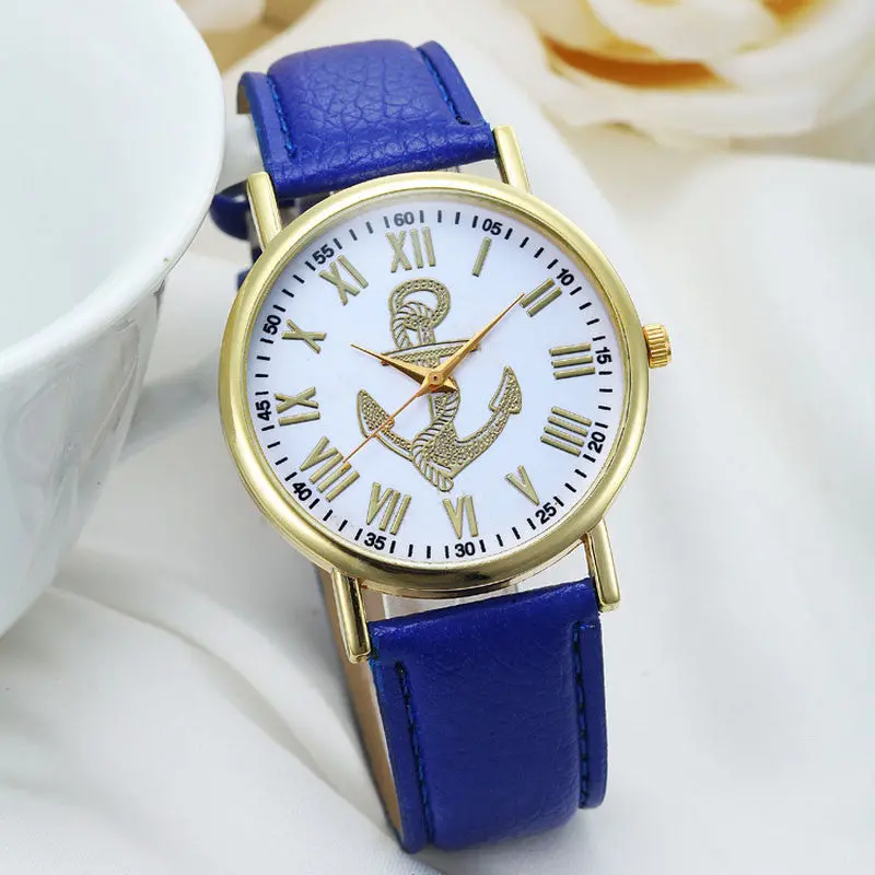 Fashion Womens Dress Watchroman Numerals Boat Anchor Faux Leather Analog Quartz Wristwatch Bluepink Freeship 1
