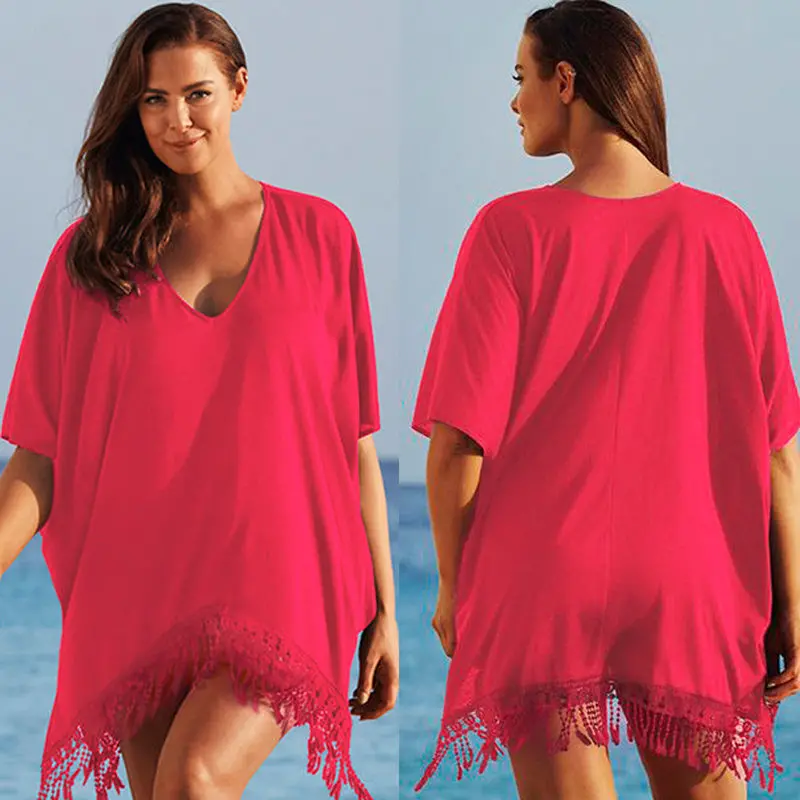 Fashion Womens Red Black Tassel Crochet Cover Up Beach Dress Chiffon Lace Tassel Loose Dress 1
