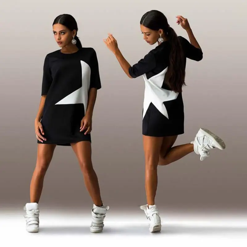 Fashionwomen Casual Loose Star Printed Half Sleeve Short Mini Dress 1