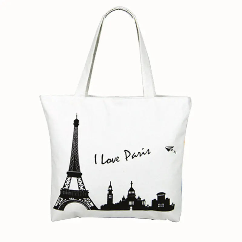 Fashsion Women Bag Canvas Tower House Pattern Shopping Shoulder Bags Hbag Beach 1