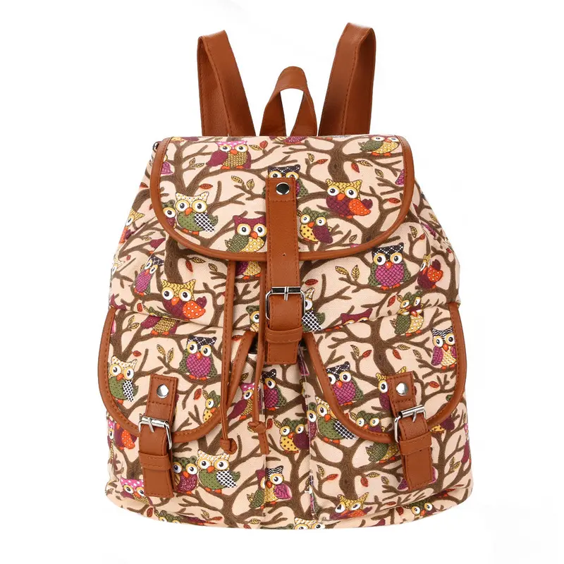 Fasion Canvas+Pu Leather Backpack With Animal Print Ladies School Bag Owl Backpack For Teenager Girls Laptop Bolsa Mochila 1