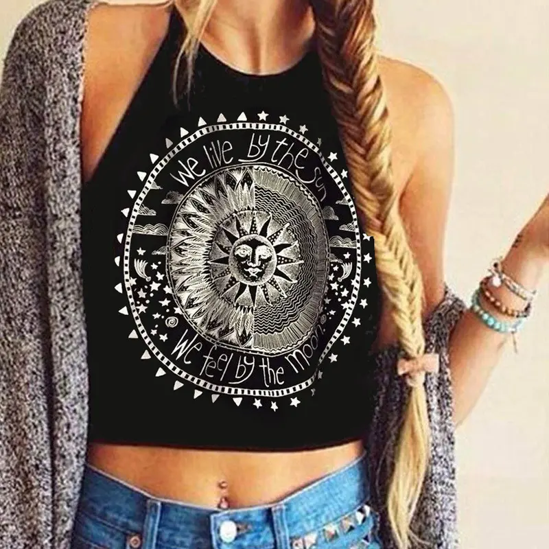 Fasion Crop Tops Women Print Sleeveless Cropped Feminino Halterneck Tank Tops Vest Women Shirt Blusa For 1
