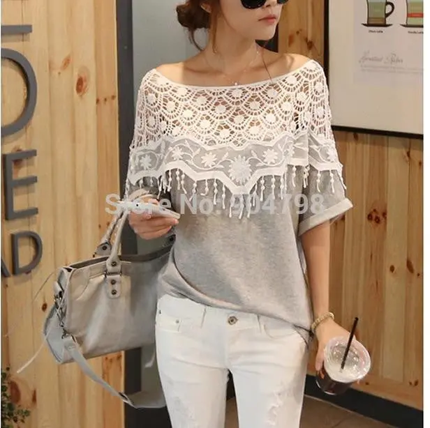 Fasion Sweet Hollow Out Lace Cutout Shirthandmade Crochet Cape Collar Batwing Sleeve Tops T Shirt 1