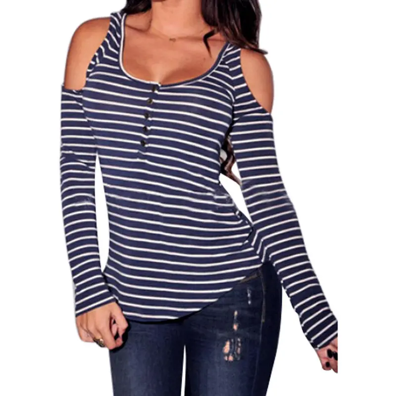 Fast Shipping Sexy Womens Dew Shoulder Stripe Long Sleeve T-Shirt For Navy 1