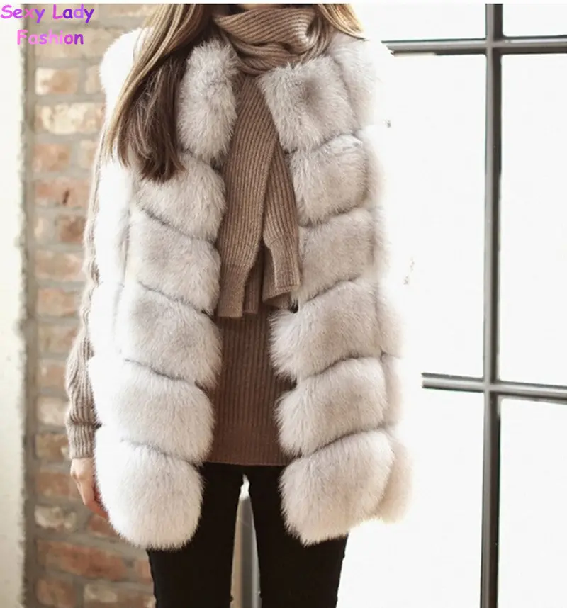 Faux Fox Fur Plaid Pattern Long Hairy Shaggy Warm Long Vest Fall Women's Sleeveless Jacket Fuzzy Coat Outerwear 4
