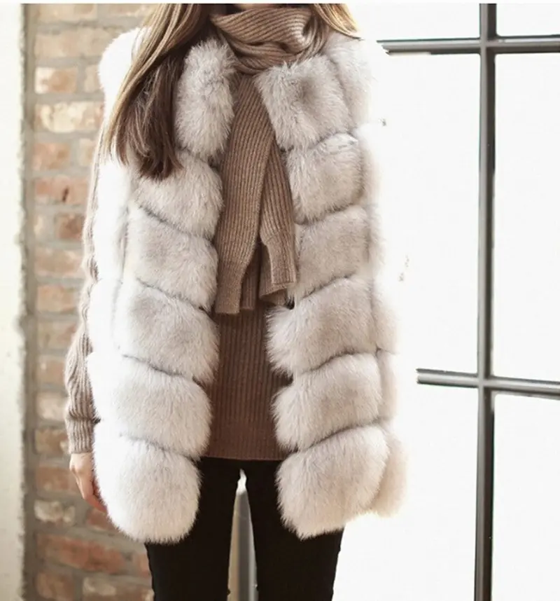 Faux Fox Fur Plaid Pattern Long Hairy Shaggy Warm Long Vest Fall Women's Sleeveless Jacket Fuzzy Coat Outerwear 5