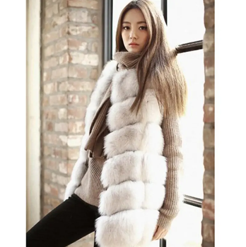 Faux Fox Fur Plaid Pattern Long Hairy Shaggy Warm Long Vest Fall Women's Sleeveless Jacket Fuzzy Coat Outerwear 5