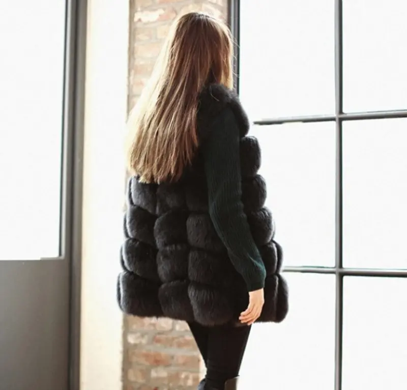Faux Fox Fur Plaid Pattern Long Hairy Shaggy Warm Long Vest Fall Women's Sleeveless Jacket Fuzzy Coat Outerwear 6