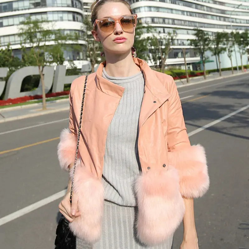 Faux Fox Fur Spliced Pu Leather Jacket Pink Color Stand Collar 3/4 Sleeve Slim Short Coat Outwear 1