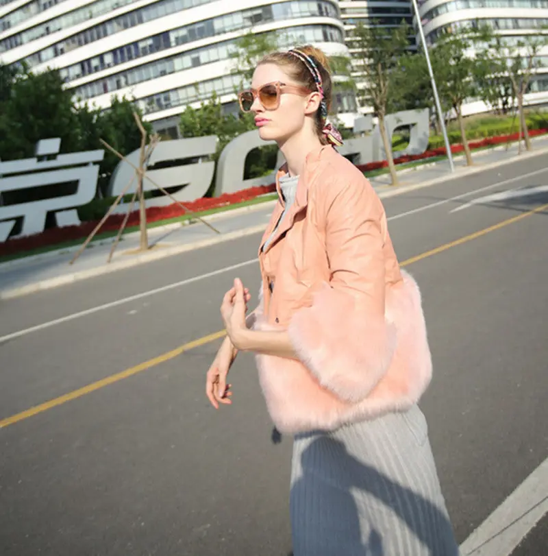 Faux Fox Fur Spliced Pu Leather Jacket Pink Color Stand Collar 3/4 Sleeve Slim Short Coat Outwear 4