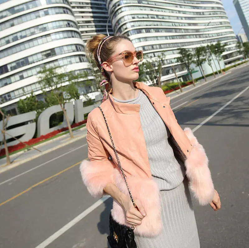 Faux Fox Fur Spliced Pu Leather Jacket Pink Color Stand Collar 3/4 Sleeve Slim Short Coat Outwear 5