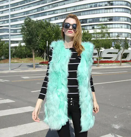 Faux Fox Fur Striped Long Hairy Shaggy Warm Long Vest Fall Women's Sleeveless Jacket Fuzzy Coat Outerwear 1