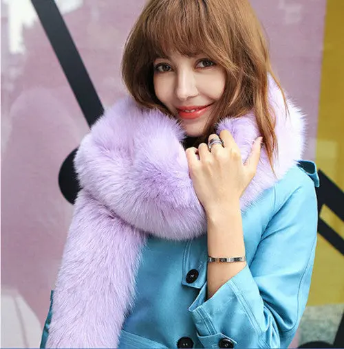 Faux Fox Fur Warm Long Scarf Collar Women Shaggy Faux Fur Shawl Cap Scarves False Collar Purple Pink 2
