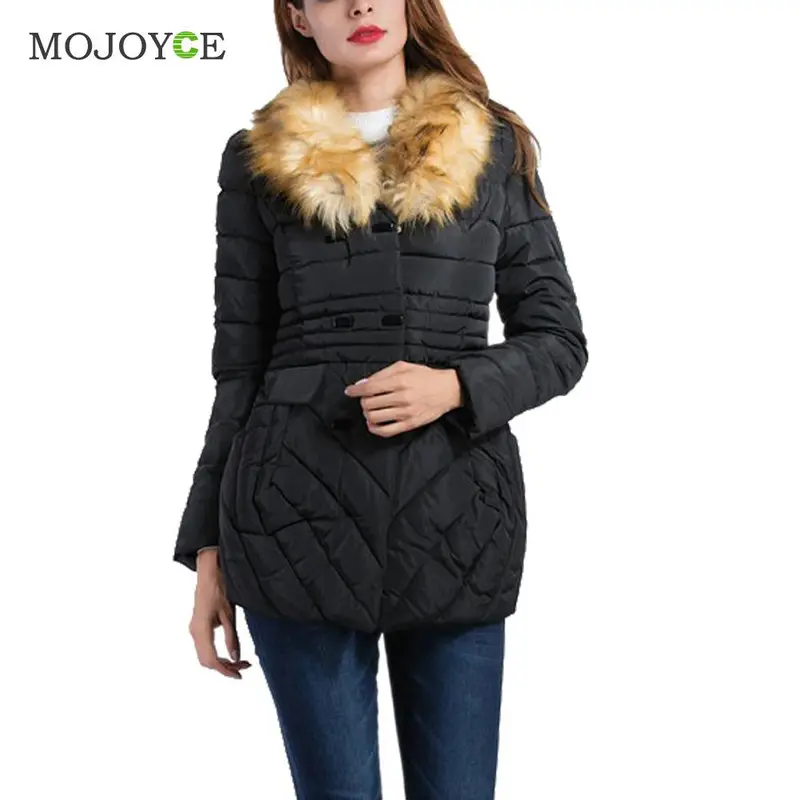 Faux Fur Hooded Collar Double Breasted Cotton-Padded Coat 1