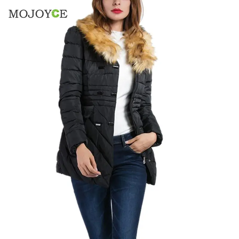 Faux Fur Hooded Collar Double Breasted Cotton-Padded Coat 2